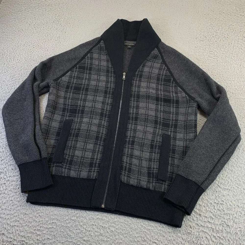 Banana Republic Knit Sweater Mens Large Full Zip Shawl Collar Black Plaid Casual